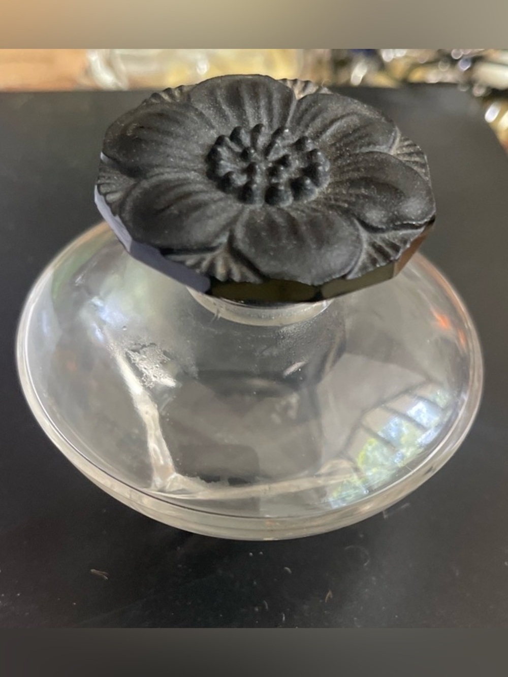Vintage Caron Perfume Bottle  Glass Jar with black floral Decorative Lid